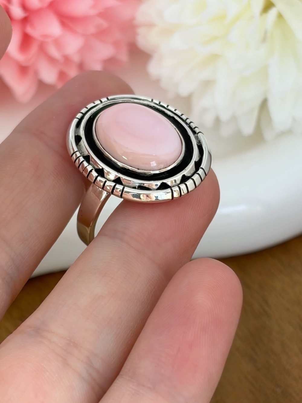 Pure Sterling Silver 925 Pink Conch Ring Size 9 3/4 9.75 Chunky Southwest Aztec